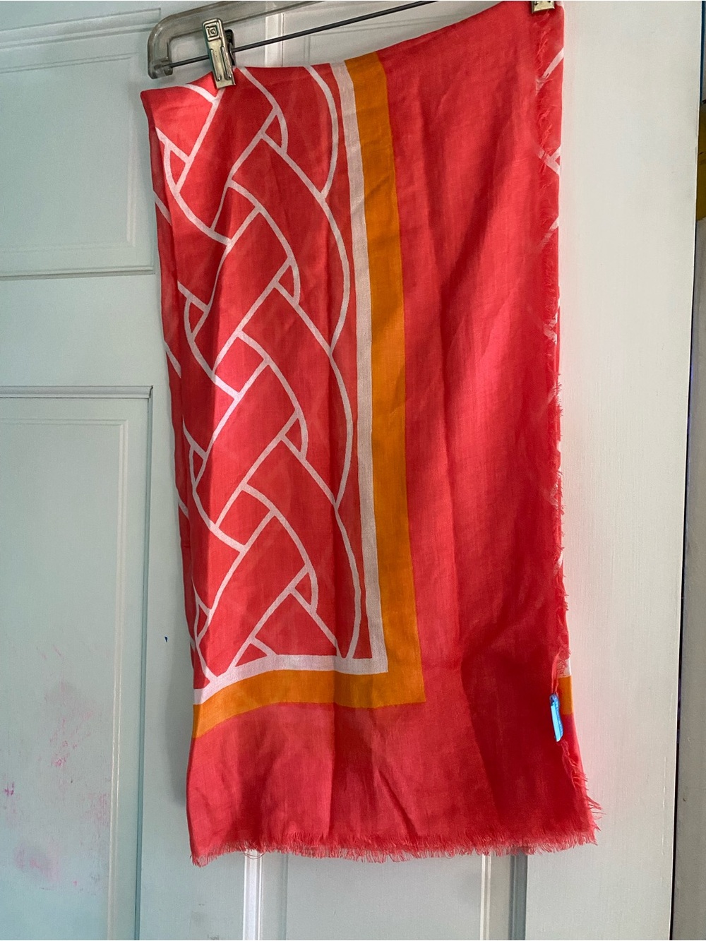 J. McLaughlin Coral Orange Geometric Silk Modal Lightweight XL Scarf Wrap